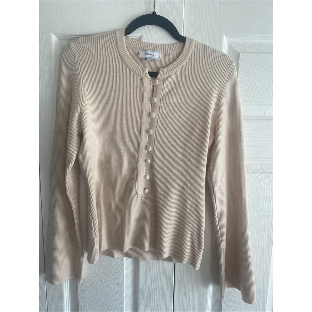 RIHOAS Ribbed Henley Sweater‎ Womens Size Large Beige Bell Sleeve Clean Girl